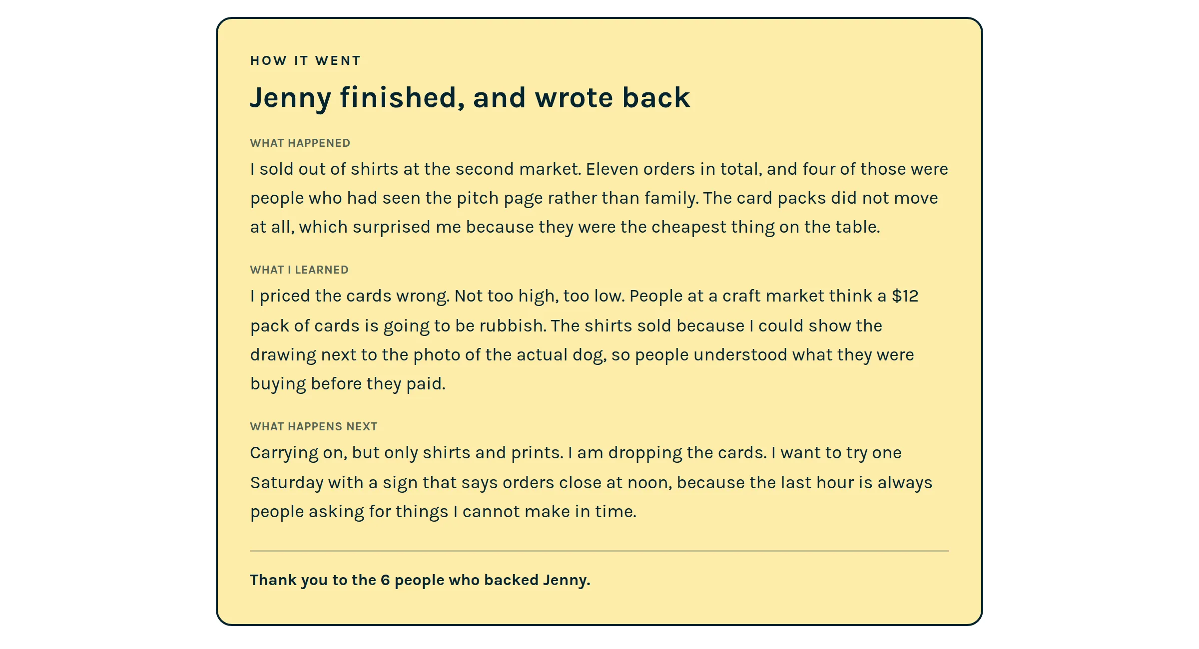 A published report at the top of a pitch page, with sections for what happened, what I learned and what happens next, and a thank you to the people who backed the student.