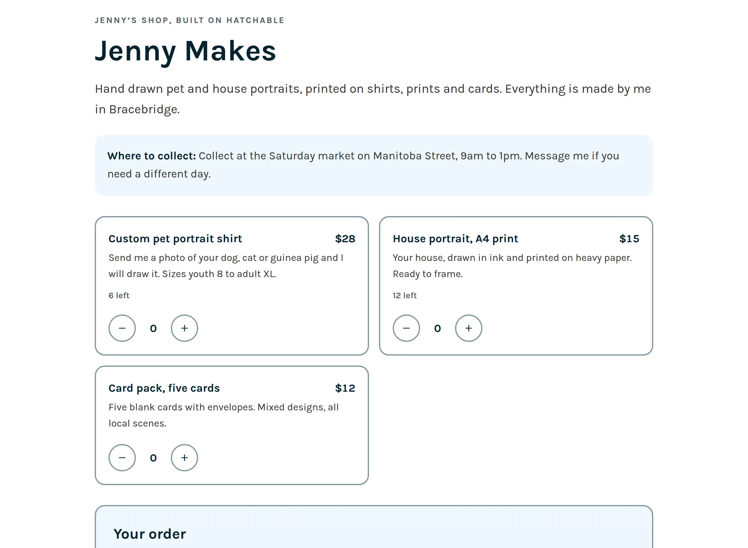 A student shop page listing three products with prices, short descriptions and how many are left, plus pickup details.